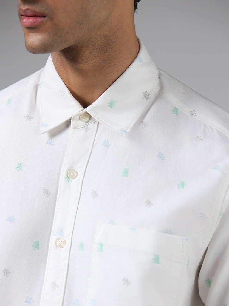 WES Casuals Off White Leaf Printed Cotton Relaxed Fit Shirt