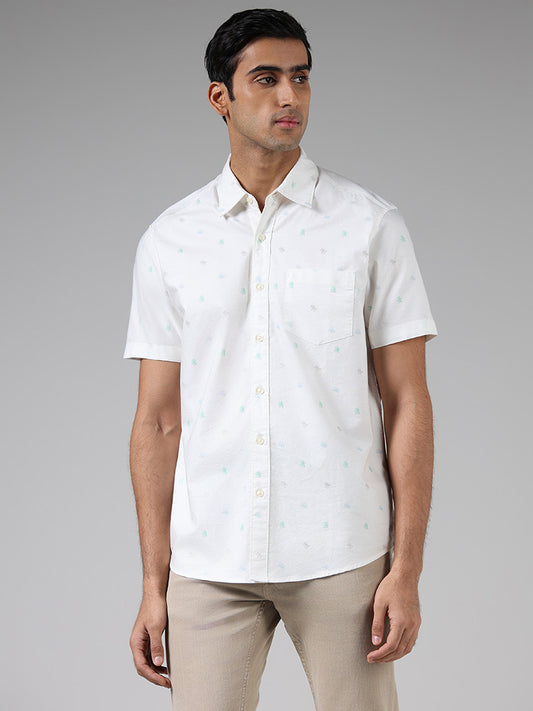 WES Casuals Off White Leaf Printed Relaxed Fit Shirt