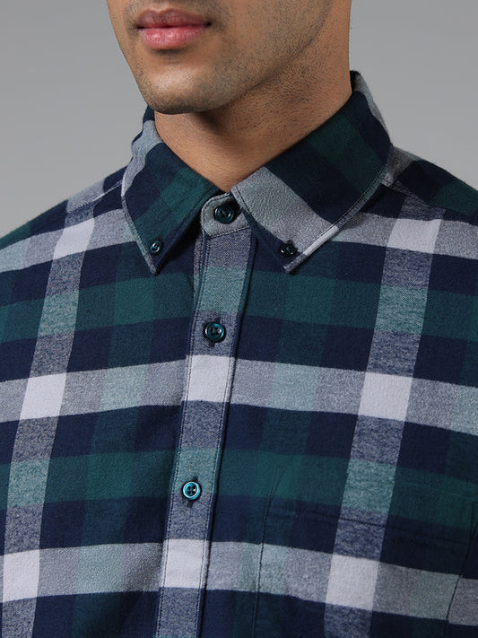 WES Casuals Green Checked Cotton Relaxed Fit Shirt