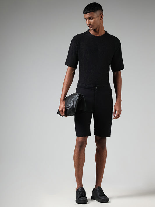 ETA Solid Black Cotton Slim-Fit Low-Rise Shorts