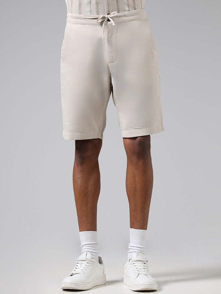 ETA Solid Beige Cotton Slim Fit Shorts
