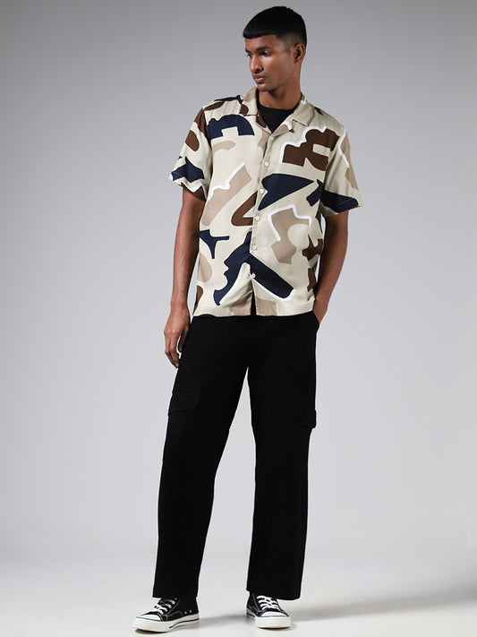 Nuon Abstract Printed Beige Resort-Fit Shirt