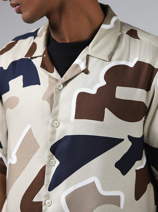 Nuon Abstract Printed Beige Resort Fit Shirt