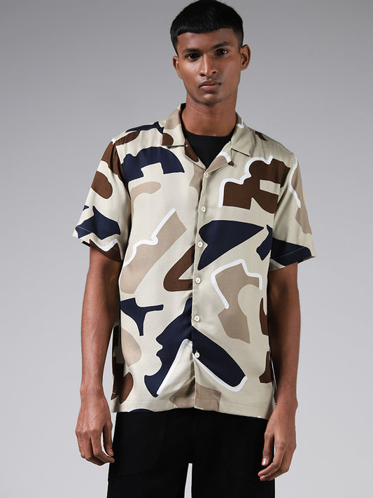 Nuon Abstract Printed Beige Resort Fit Shirt