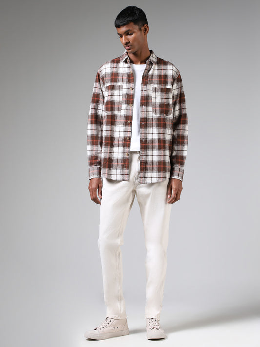 Nuon Dark Brown Plaid Checked Cotton Relaxed-Fit Shirt