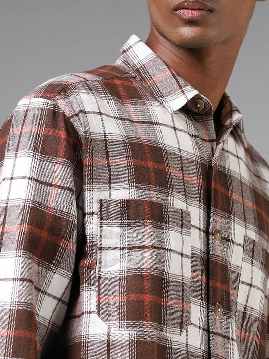 Nuon Dark Brown Plaid Checked Cotton Relaxed-Fit Shirt