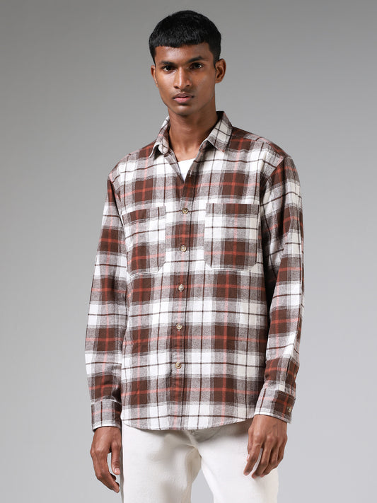 Nuon Dark Brown Plaid Checked Cotton Relaxed Fit Shirt