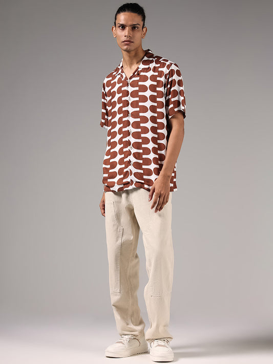 Nuon Brown Motif Printed Relaxed-Fit Shirt