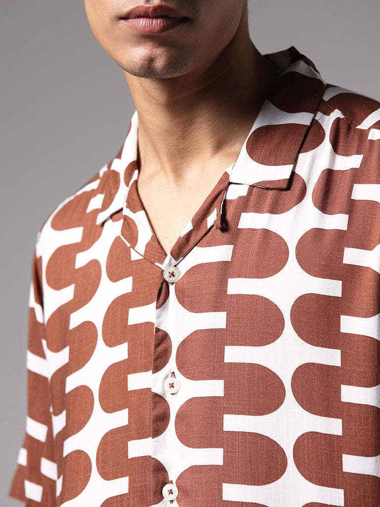 Nuon Brown Motif Printed Relaxed Fit Shirt