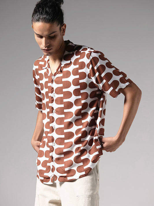 Nuon Brown Motif Printed Relaxed Fit Shirt