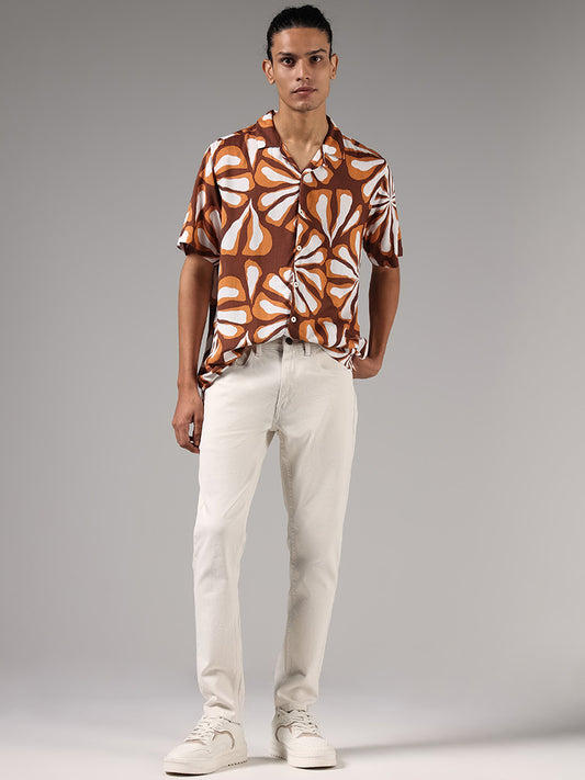 Nuon Brown Floral Printed Relaxed Fit Shirt