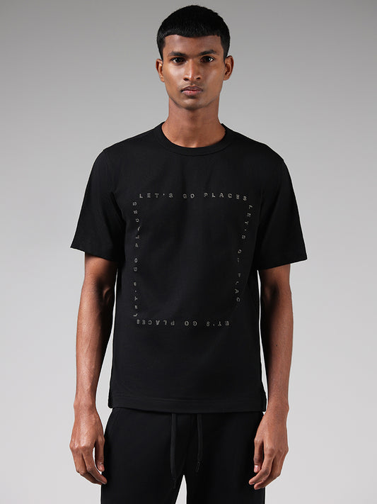 Studiofit Black Typographic Printed Cotton Relaxed Fit T-Shirt