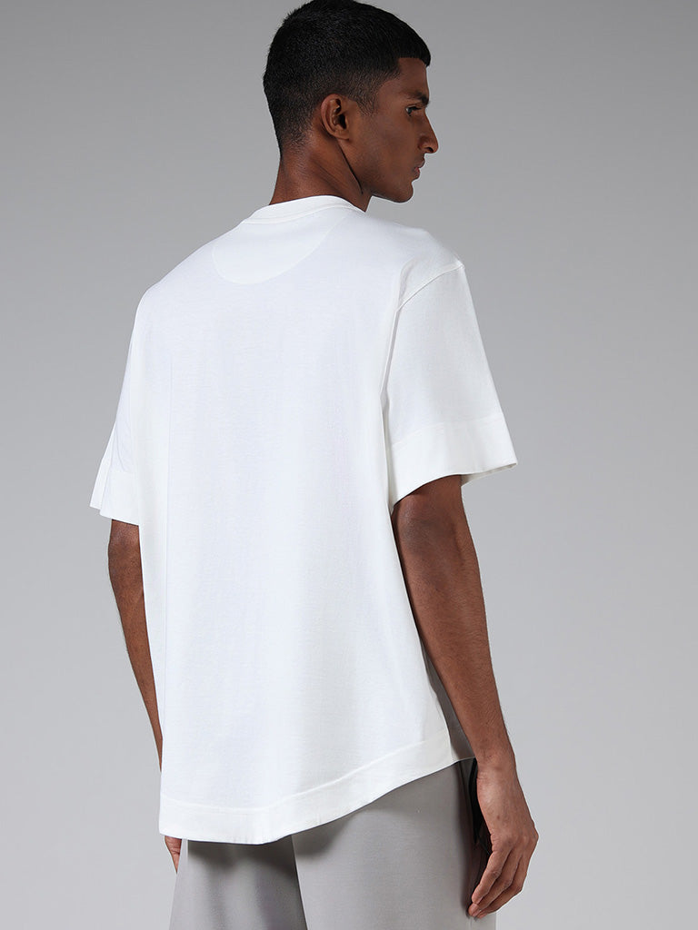 Studiofit Off White Mesh Patch Pocket Detailed Cotton Blend Relaxed Fit T-Shirt