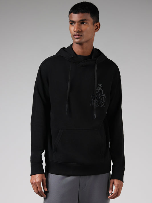 Studiofit Black Typographic Printed Relaxed Fit Hoodie