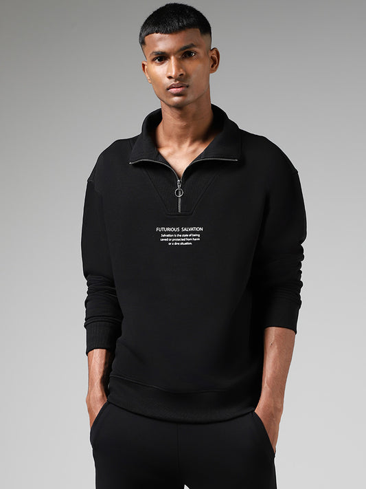 Studiofit Black Printed High-Top Zipper Cotton Blend Relaxed-Fit Sweatshirt