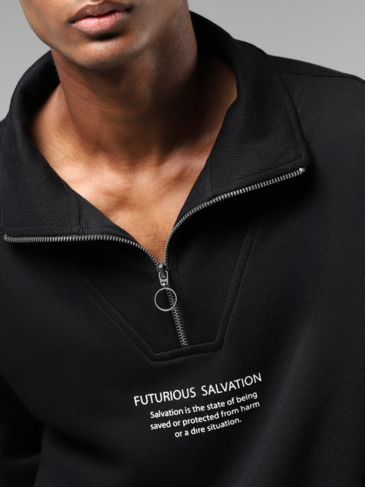 Studiofit Black Printed High-Top Zipper Cotton Blend Relaxed-Fit Sweatshirt