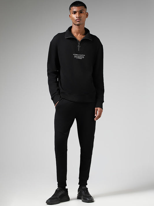 Studiofit Black Printed High-Top Zipper Relaxed Fit Sweatshirt