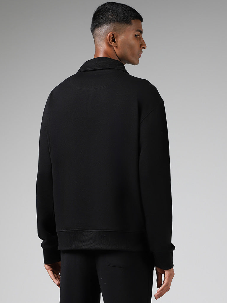 Studiofit Black Printed High-Top Zipper Cotton Blend Relaxed Fit Sweatshirt