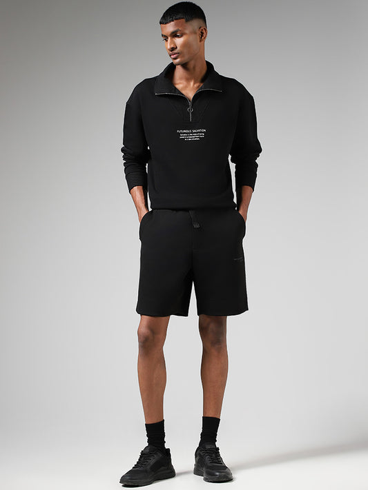Studiofit Black Typographic Relaxed-Fit Mid-Rise Running Shorts