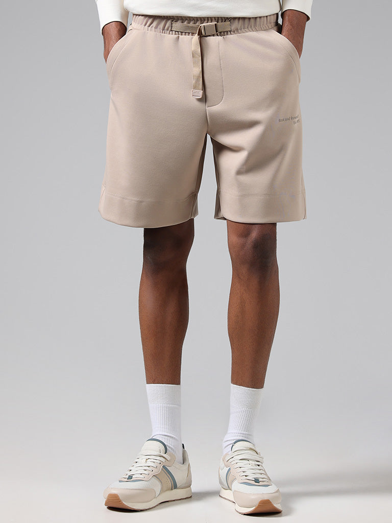 Studiofit Beige Typographic Relaxed Fit Running Shorts