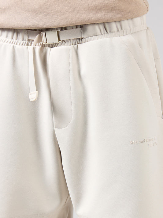 Studiofit Cream Typographic Relaxed Fit Running Shorts