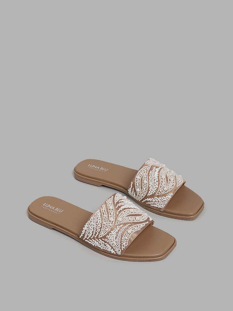 LUNA BLU White Pearl Embroidered Sandals