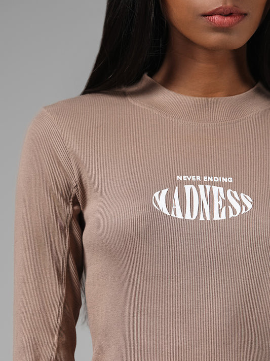 Studiofit Beige Typographic Printed Ribbed T-Shirt