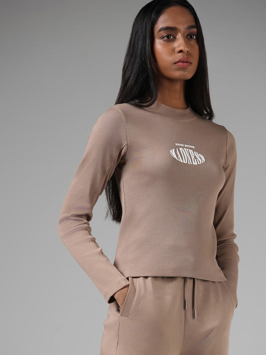 Studiofit Beige Typographic Printed Ribbed T-Shirt
