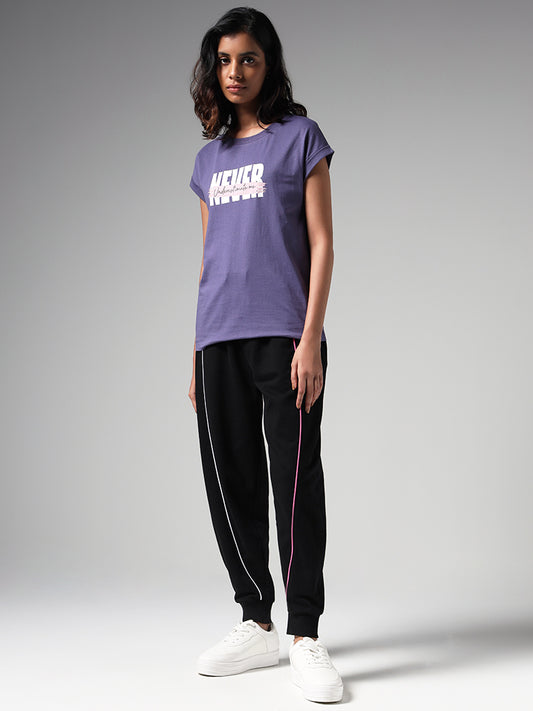 Studiofit Dark Purple Typographic Printed Cotton T-Shirt