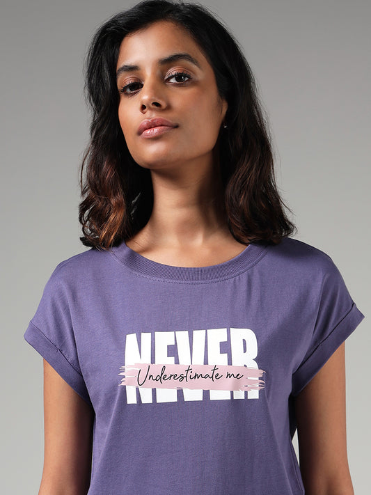 Studiofit Dark Purple Typographic Printed T-Shirt