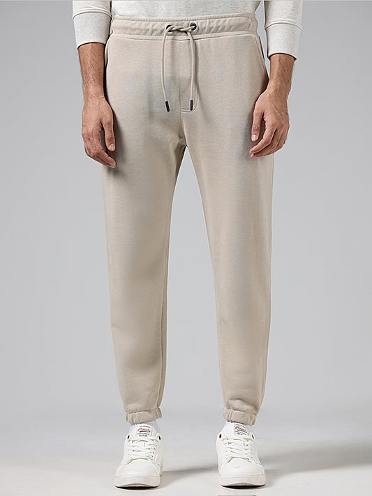 WES Lounge Solid Beige Mid-Rise Relaxed Fit Trackpants