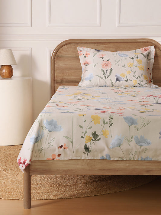Westside Home Multicolour Floral Printed Single Bed Flat Sheet and Pillowcase Set