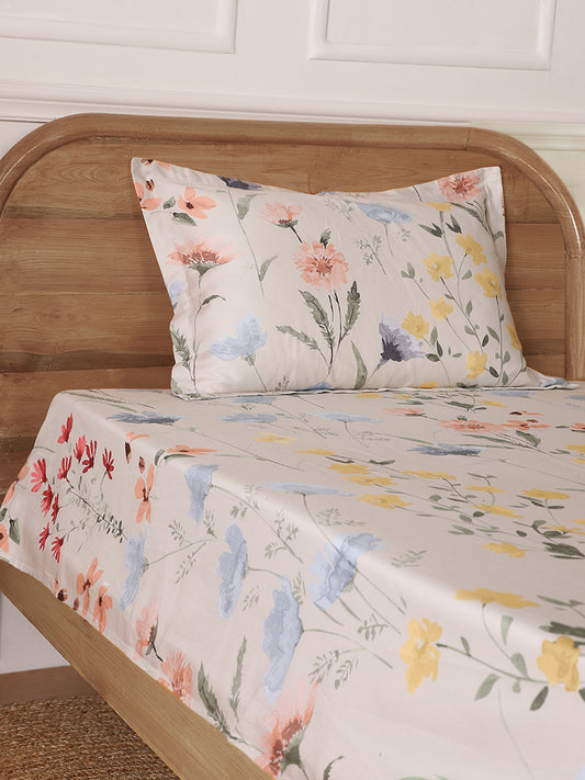 Westside Home Multicolour Floral Printed Single Bed Flat Sheet and Pillowcase Set