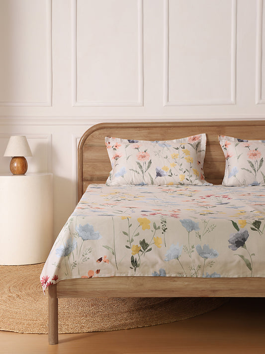 Westside Home Multicolour Floral Printed King Bed Flat Sheet and Pillowcase Set