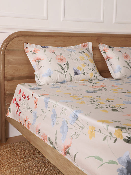 Westside Home Multicolour Floral Printed King Bed Flat Sheet and Pillowcase Set
