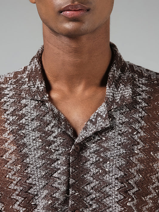 ETA Brown Zig Zag Knitted Relaxed-Fit Shirt