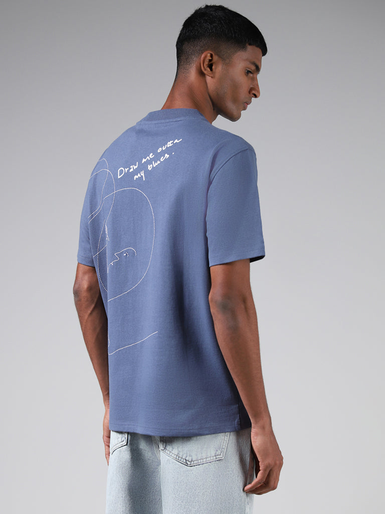 Nuon Typography Printed Blue Relaxed Fit T-Shirt
