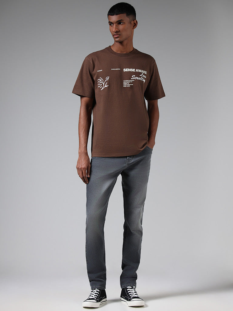 Nuon Brown Typographic Printed Relaxed Fit T-Shirt