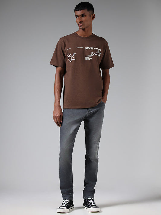 Nuon Brown Typographic Printed Cotton Relaxed Fit T-Shirt