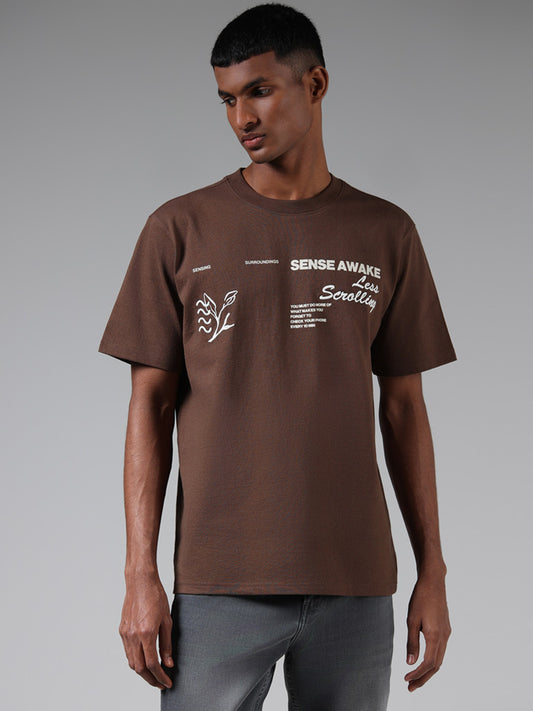 Nuon Brown Typographic Printed Relaxed Fit T-Shirt