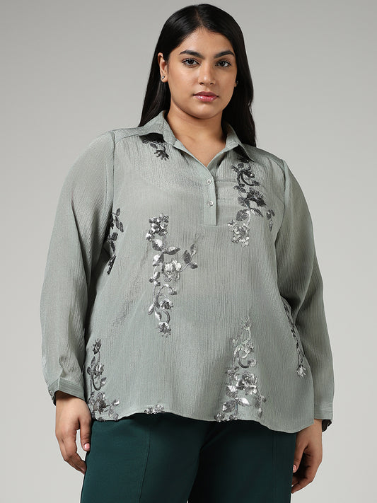 Gia Sage Floral Sequin Embroidered Crepe Top