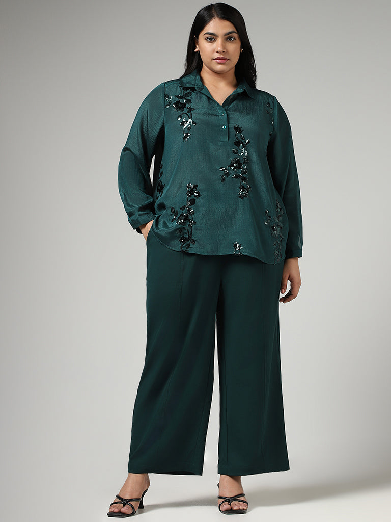 Gia Solid Emerald Green Wide Leg Trousers