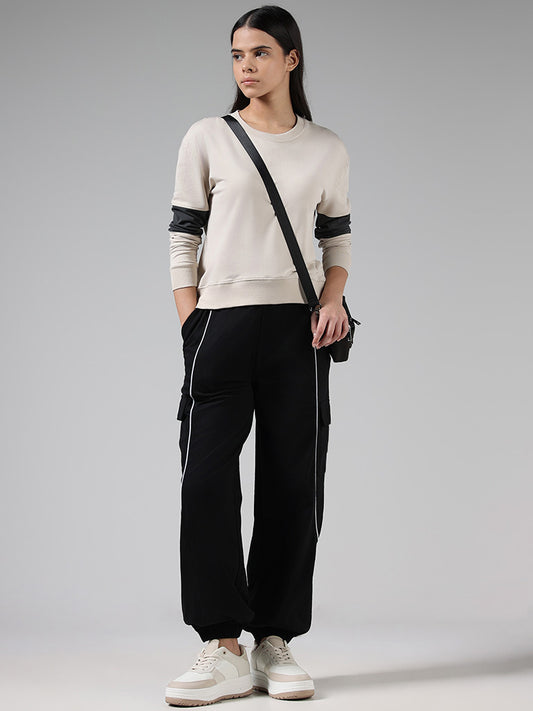 Studiofit Solid Black High-Waisted Cotton Joggers