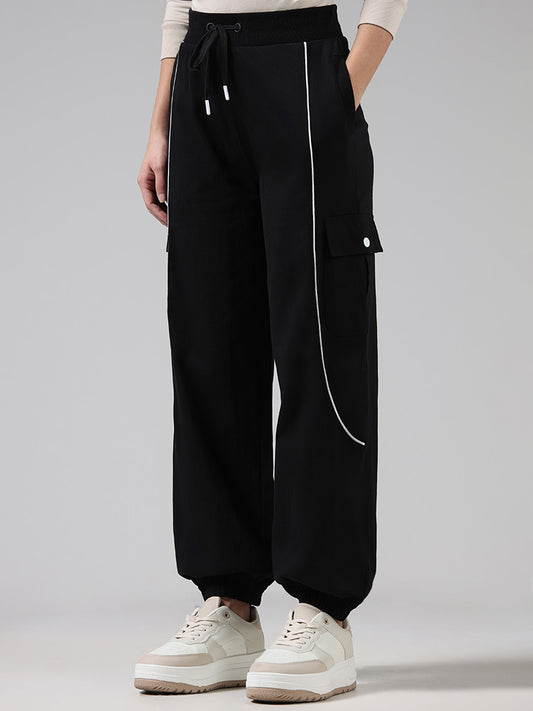 Studiofit Solid Black High-Waisted Cotton Joggers