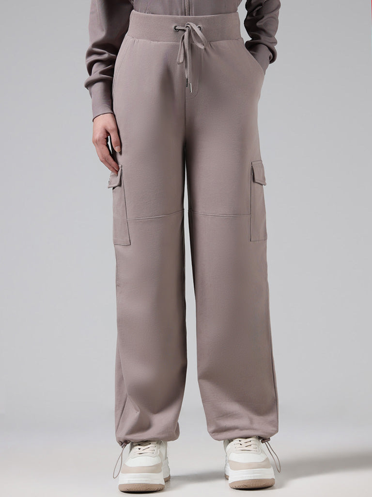 Studiofit Solid Brown High-Waisted Cotton Joggers