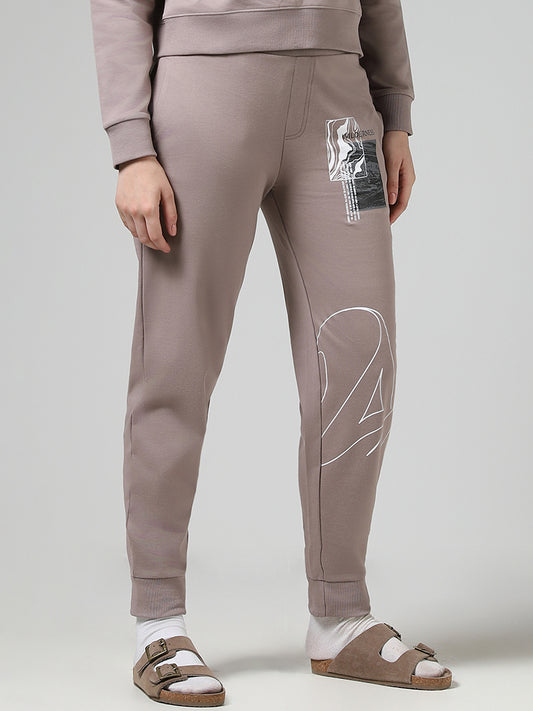 Studiofit Light Brown Typographic Printed Joggers