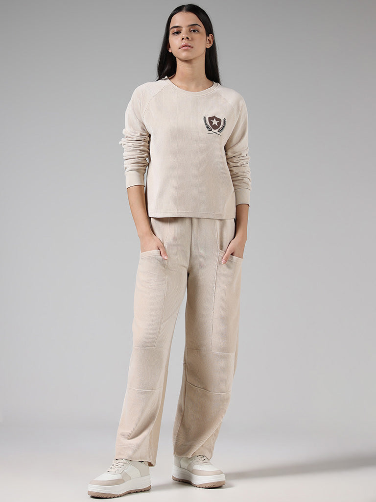 Studiofit Solid Beige High-Waisted Corduroy Joggers