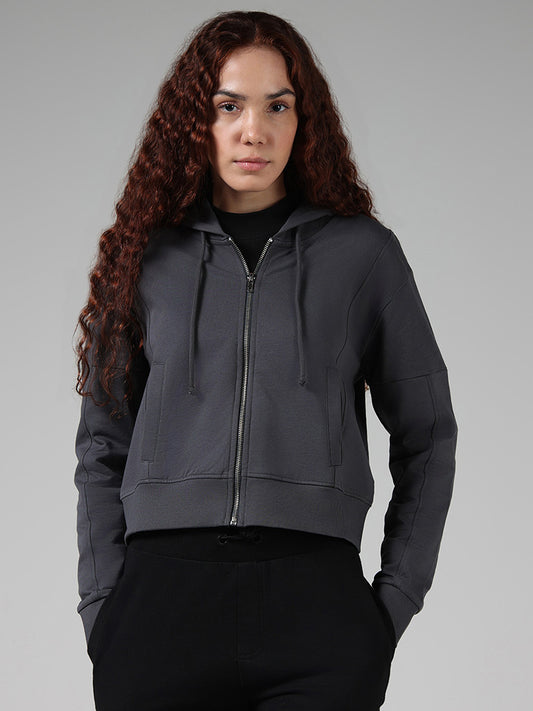 Studiofit Solid Charcoal Grey Cotton Crop Hoodie Jacket