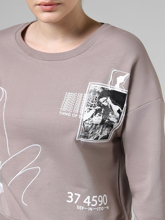 Studiofit Light Brown Typographic Printed Cotton Blend Sweatshirt