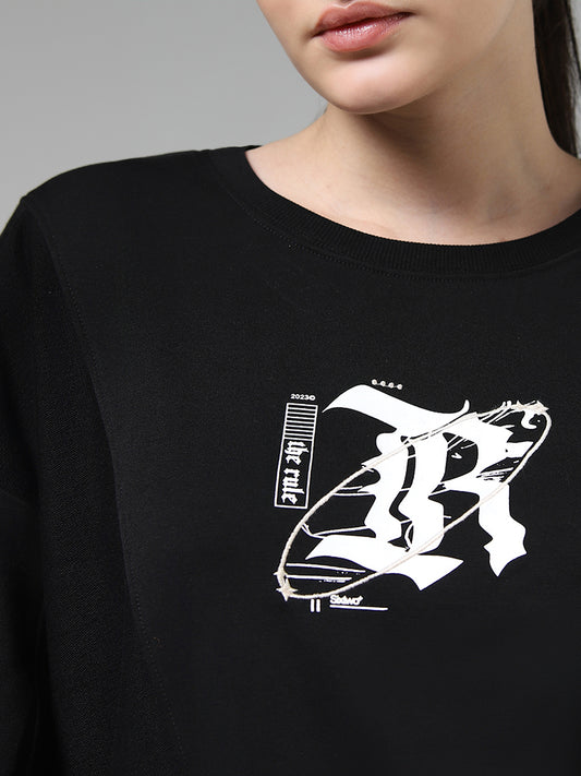 Studiofit Black Graphic Printed Sweatshirt
